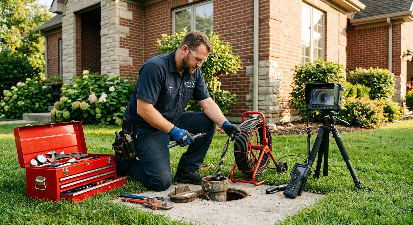 Sewer specialist with camera equipment servicing a cleanout in Coolidge