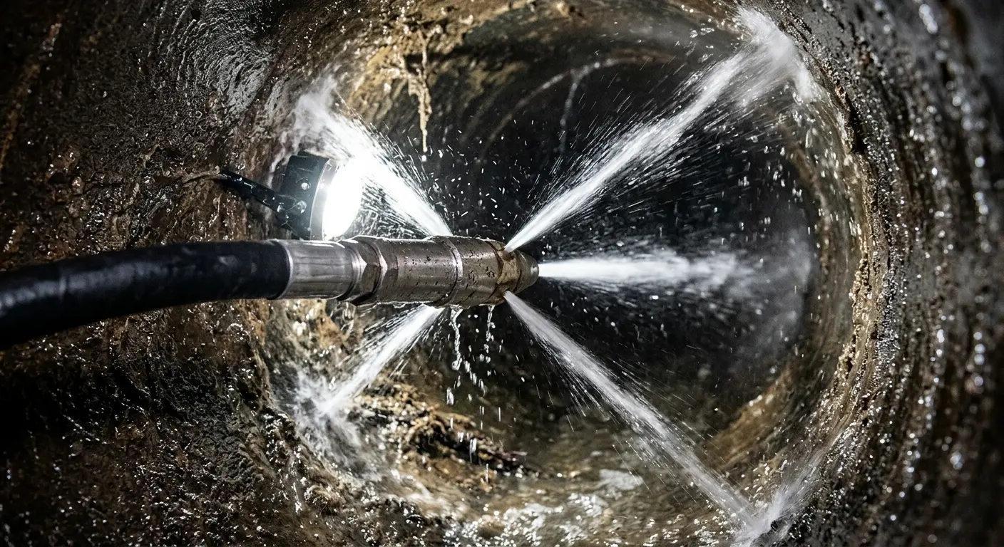 High-pressure hydro jetting nozzle cleaning sewer pipe for Emergency Drain Service in Coolidge