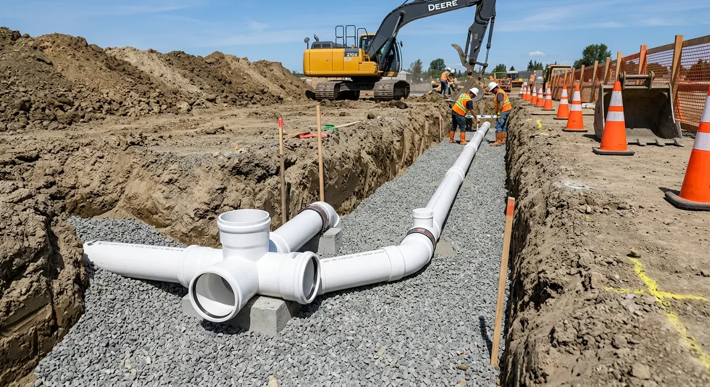 New PVC sewer pipe installation in open trench for Commercial Drain Cleaning in Coolidge