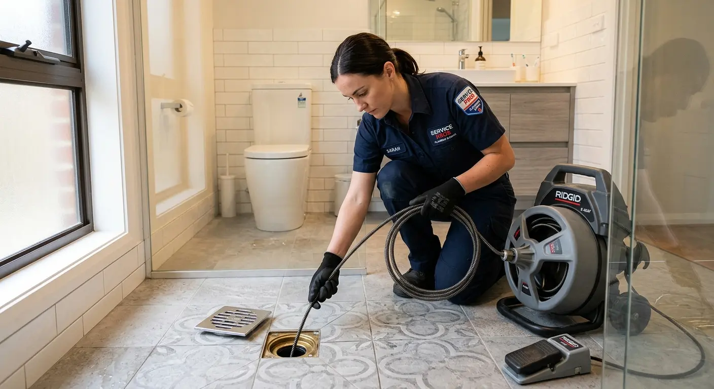 Technician clearing a bathroom floor drain for Sewer Line Replacement in Coolidge